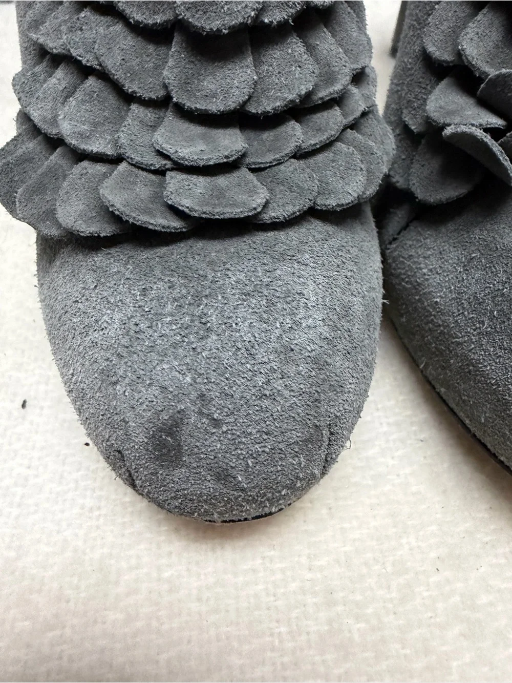 L.A.M.B. Charcoal Gray Suede Ruffle Front Booties